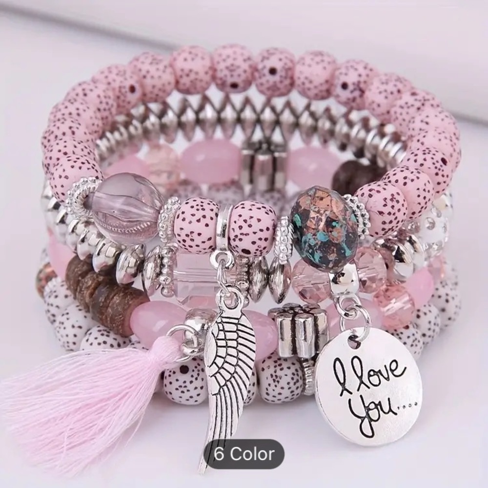 4 Piece Set Love Wings Tassel Volcano Stone Beaded Bracelet, Multicolor Beads